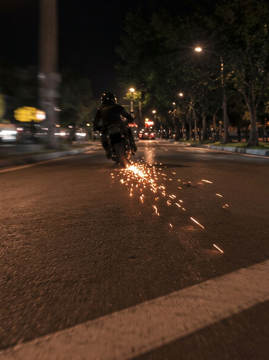 Rider on a night street with a long trail of sparks streaming behind the motorcycle from the foot area