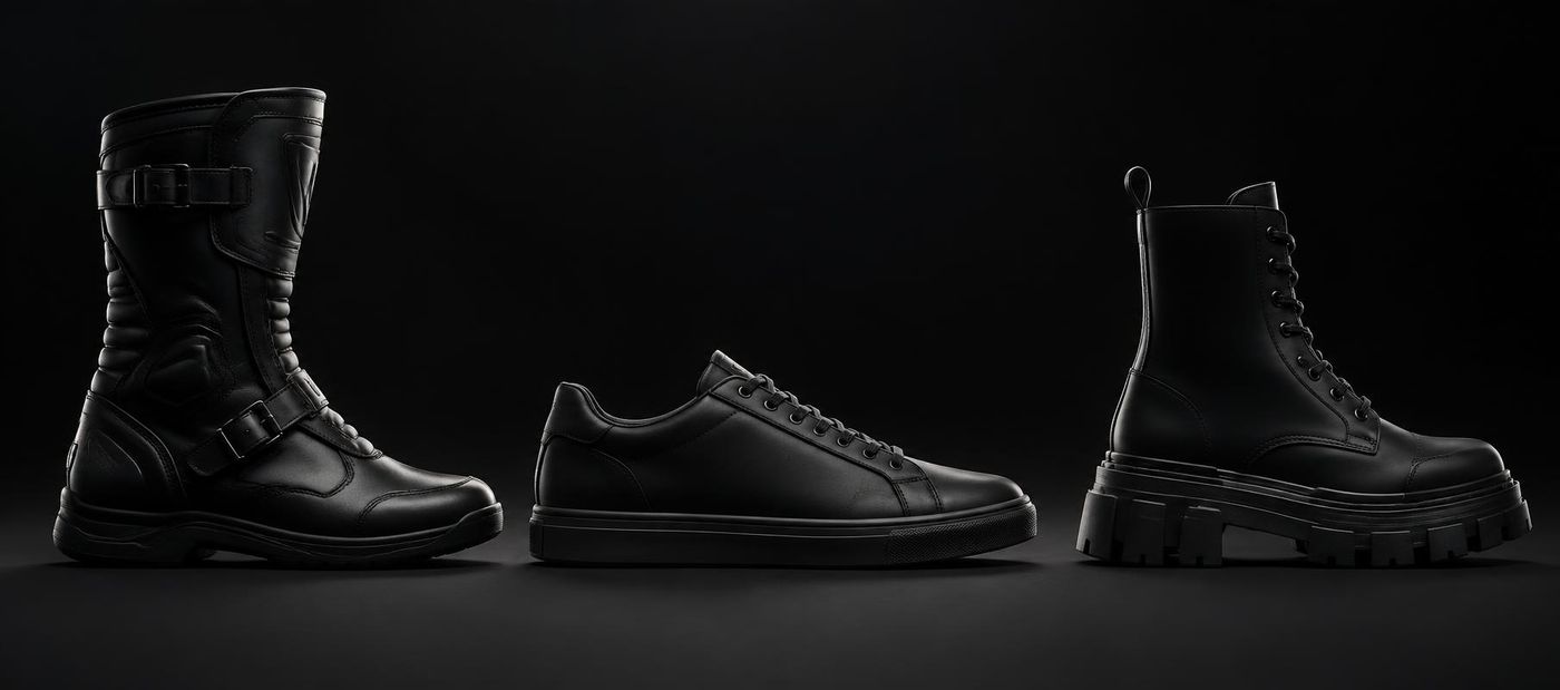 A black riding boot, a black casual sneaker and a black thick-sole boot side by side