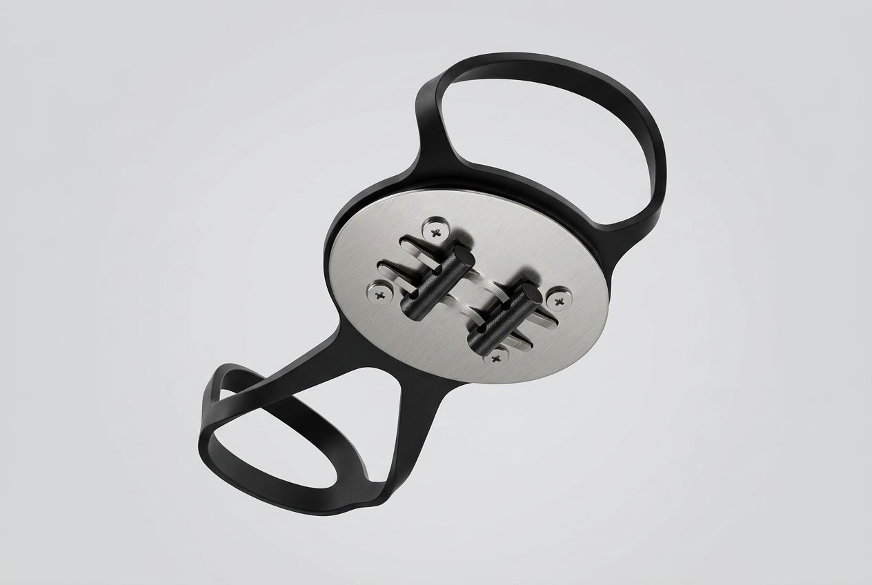 Foot Spark on its own: oval brushed metal plate with two black spark elements, screws and black mounting straps