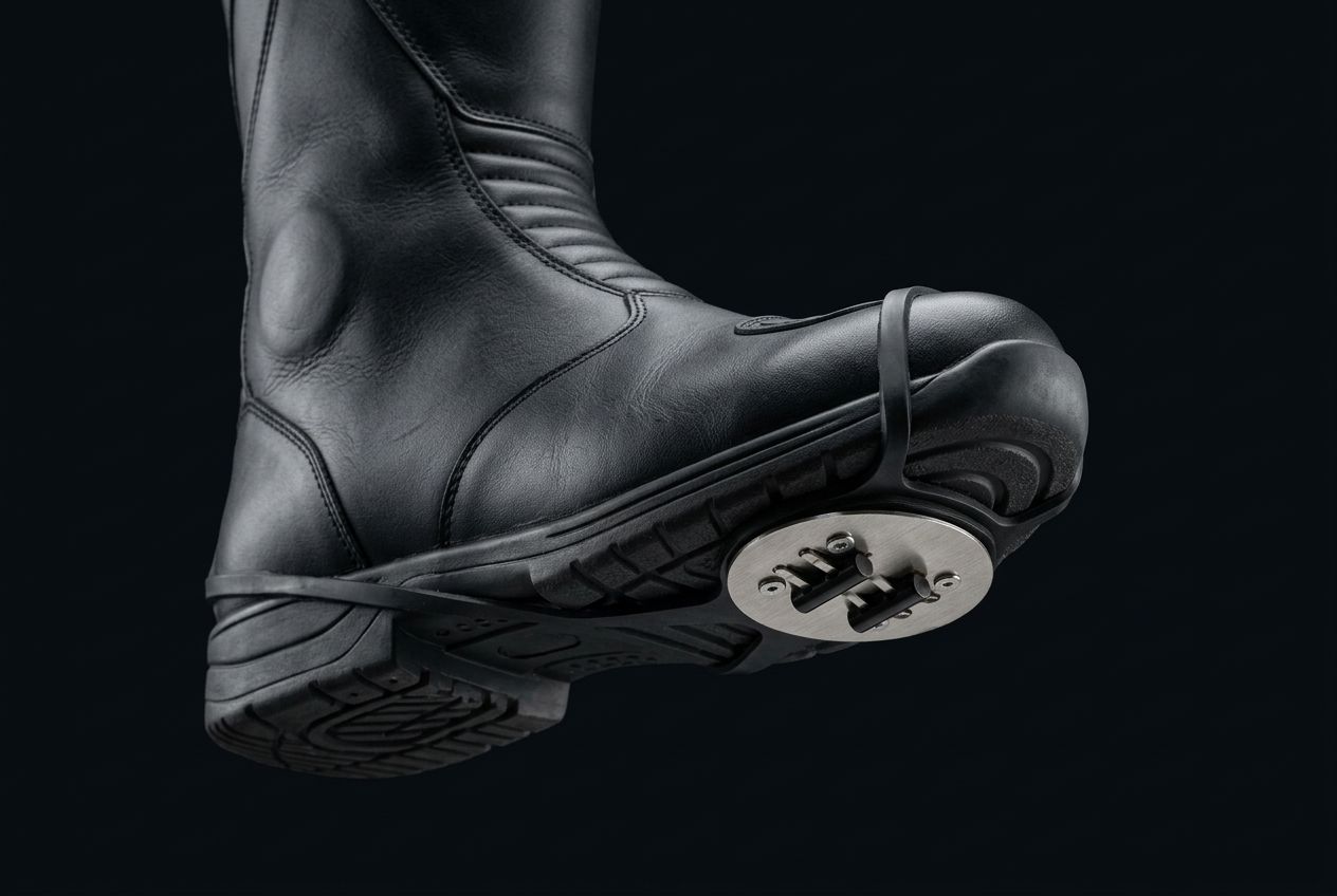 Black leather motorcycle boot with the Foot Spark oval metal plate and two black spark elements strapped under the toe