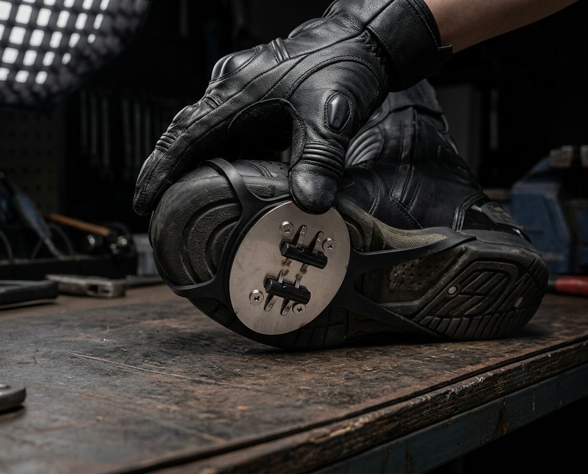 Gloved hand positioning the Foot Spark plate under the toe of a black riding boot on a workbench